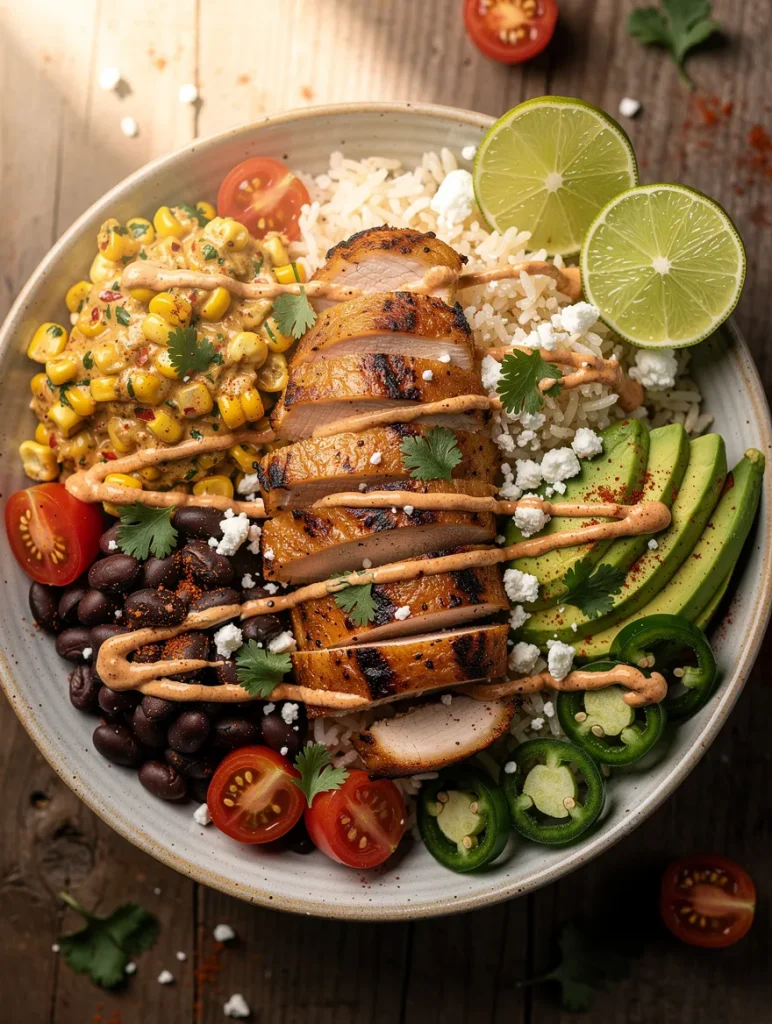 Street Corn Chicken Bowl with grilled chicken, Mexican street corn, rice, black beans, avocado, cherry tomatoes, jalapeños, cotija cheese, cilantro, and chipotle sauce.