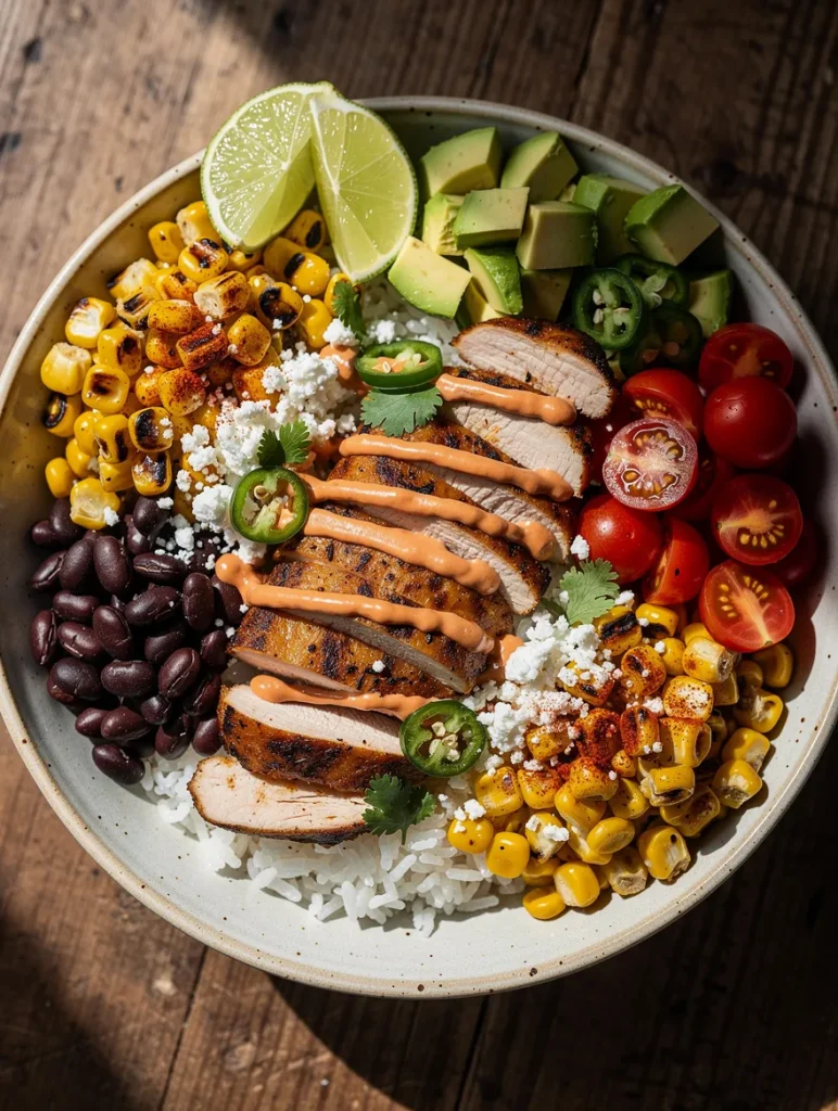 Street Corn Chicken Bowl with grilled chicken, charred corn, black beans, white rice, avocado, cherry tomatoes, jalapeños, cotija cheese, lime, and spicy crema.