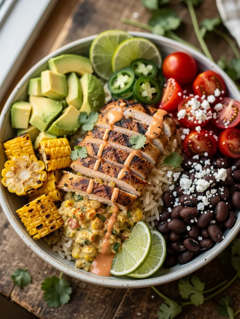 Street Corn Chicken Bowl with grilled chicken, Mexican street corn, rice, black beans, avocado, cherry tomatoes, cotija cheese, jalapeños, and lime.