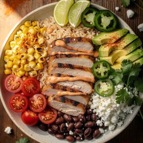 Street Corn Chicken Bowl with grilled chicken, rice, charred corn, black beans, avocado, cherry tomatoes, cotija cheese, jalapeños, lime, and chipotle sauce.