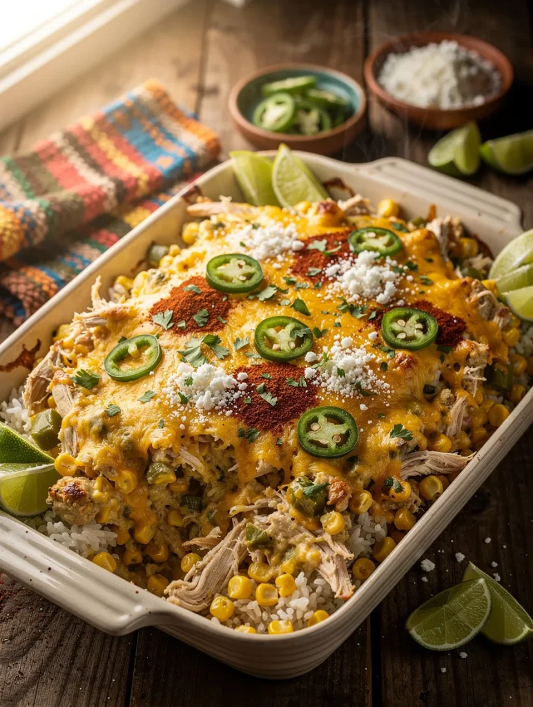 Cheesy street corn chicken casserole with shredded chicken, sweet corn, white rice, melted cheddar cheese, jalapeño slices, cotija cheese, cilantro, and lime wedges in a rustic baking dish.