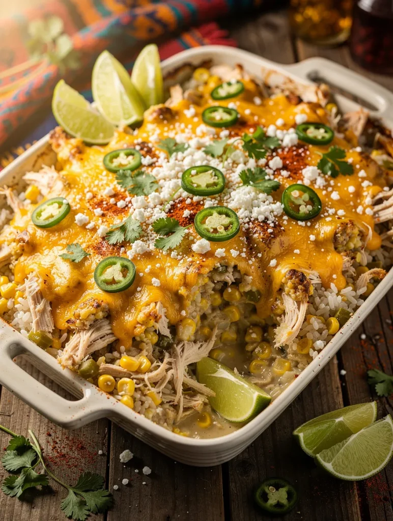 Close-up of cheesy street corn chicken casserole topped with shredded chicken, sweet corn, melted cheddar cheese, jalapeño slices, cotija cheese, cilantro, and fresh lime wedges in a ceramic baking dish.