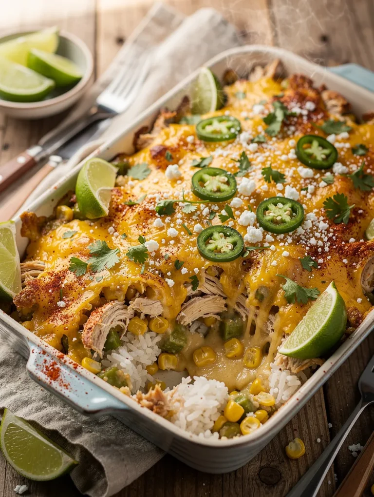 Street corn chicken casserole baked with shredded chicken, white rice, sweet corn, melted cheddar cheese, jalapeño slices, cotija cheese, cilantro, and fresh lime wedges in a casserole dish.