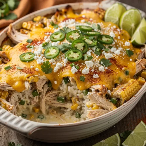 Creamy street corn chicken casserole with shredded chicken, rice, roasted corn, melted cheddar cheese, jalapeño slices, cotija cheese, cilantro, and lime wedges baked in a white casserole dish.