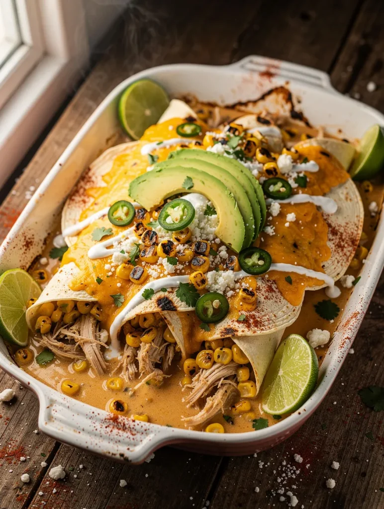 Street corn chicken enchiladas with grilled corn, melted cheddar cheese, avocado, queso fresco, sour cream, jalapeños, cilantro, and lime wedges.