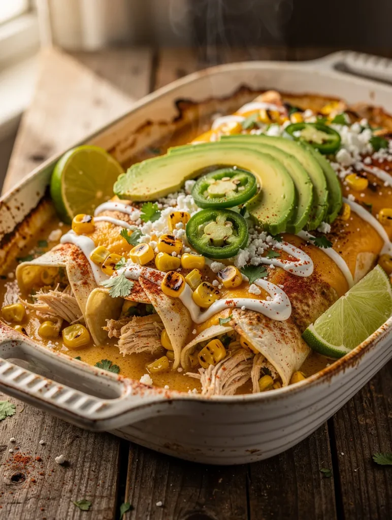 Street corn chicken enchiladas baked with charred corn, melted cheddar cheese, avocado, jalapeños, queso fresco, sour cream, cilantro, and lime wedges.