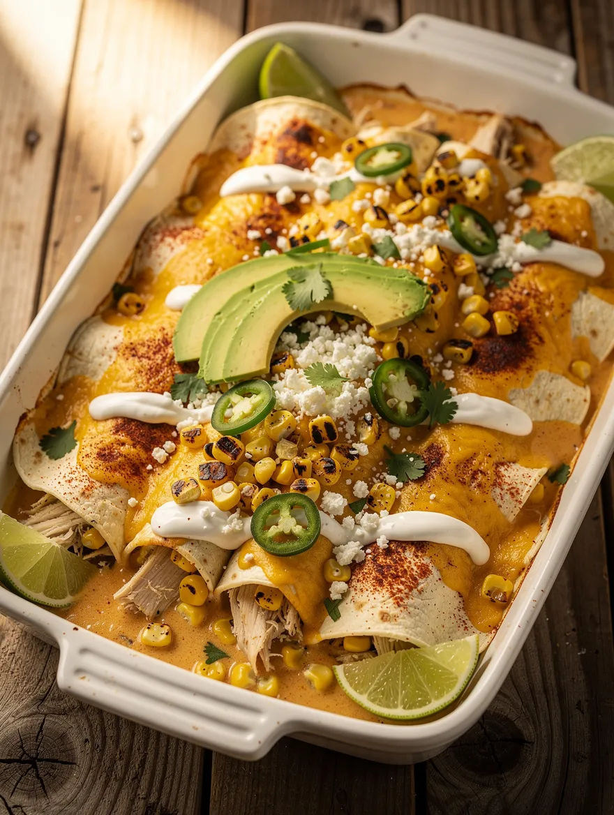Street corn chicken enchiladas topped with melted cheddar cheese, grilled corn, avocado, queso fresco, sour cream, jalapeños, cilantro, and lime wedges.