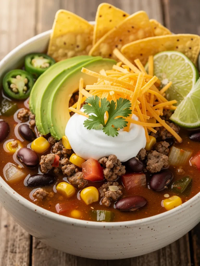 Bowl of taco soup with ground beef topped with avocado slices, shredded cheddar cheese, sour cream, jalapeños, tortilla chips, cilantro, black beans, corn, and lime wedges.