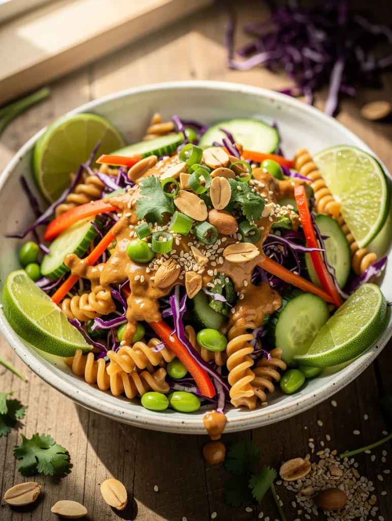 Thai Peanut Pasta Salad made with rotini pasta, edamame, cucumber, red cabbage, bell peppers, creamy peanut dressing, peanuts, sesame seeds, cilantro, and fresh lime wedges.