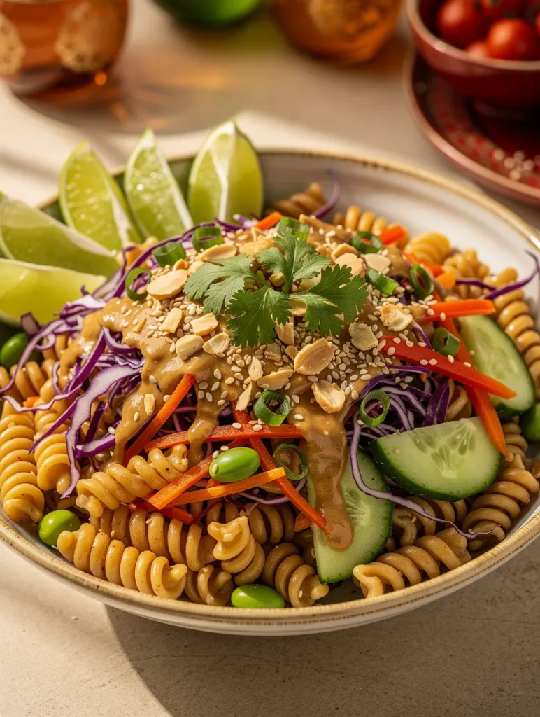 Thai Peanut Pasta Salad with whole wheat rotini, cucumber, purple cabbage, carrots, edamame, creamy peanut dressing, cilantro, sesame seeds, peanuts, and fresh lime wedges.