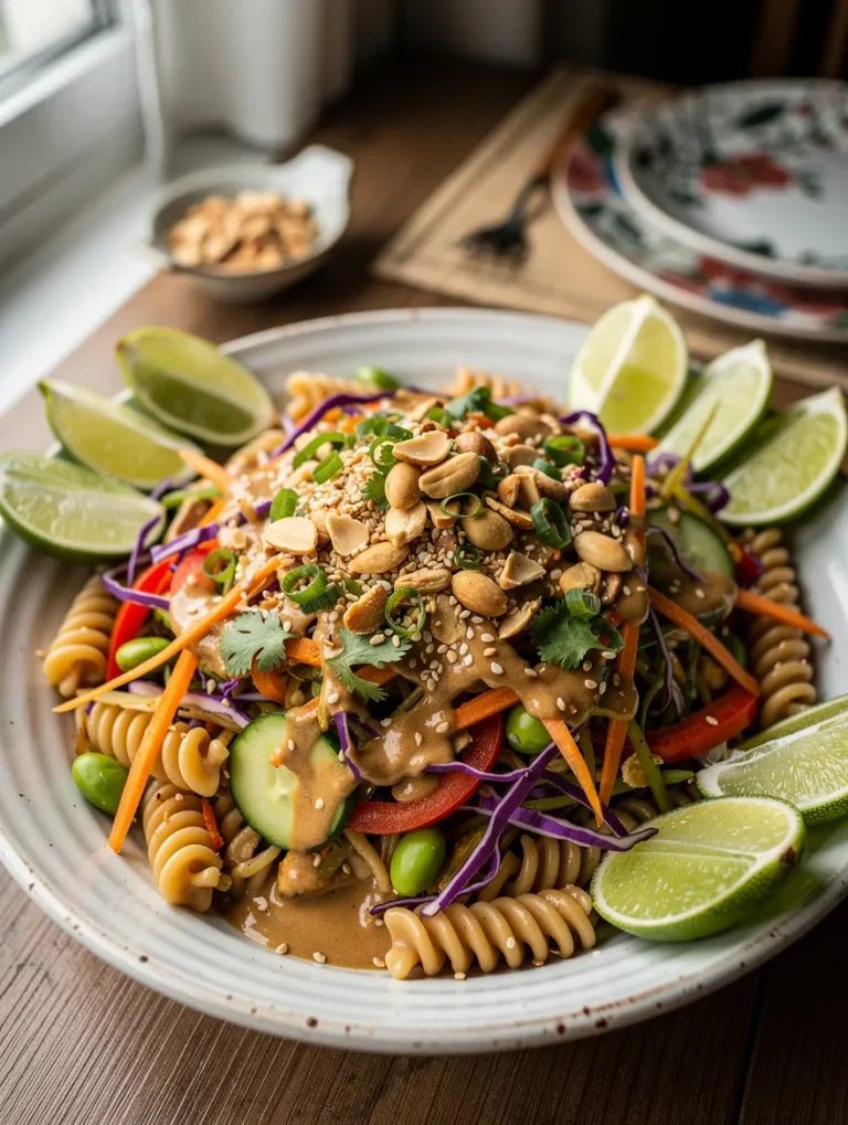 Thai Peanut Pasta Salad with rotini pasta, crunchy vegetables, edamame, creamy peanut dressing, sesame seeds, roasted peanuts, and fresh lime wedges.