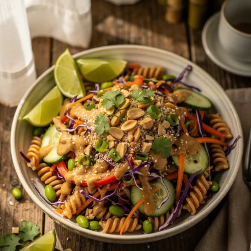 Thai Peanut Pasta Salad served with rotini pasta, crunchy vegetables, edamame, creamy peanut dressing, cilantro, roasted peanuts, sesame seeds, and fresh lime wedges.