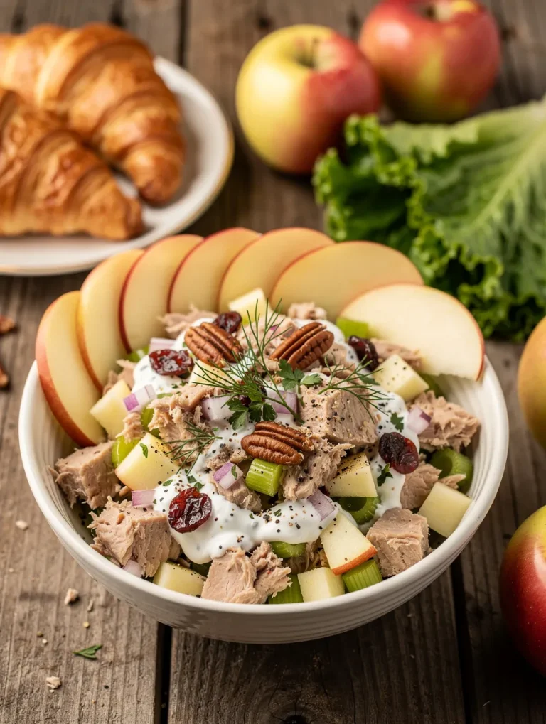 Tuna salad with apples, celery, pecans, dried cranberries, red onion, and creamy dressing served with fresh apple slices.