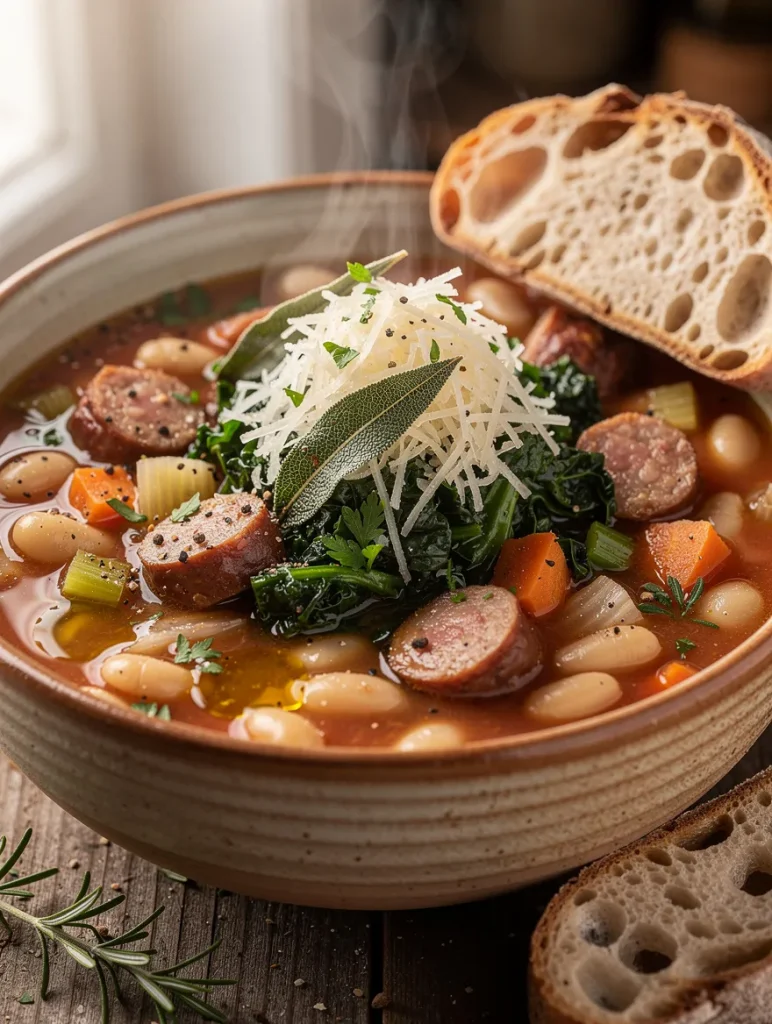 Tuscan White Bean and Sausage Soup with Italian sausage, cannellini beans, kale, carrots, celery, Parmesan cheese, and rustic crusty bread.