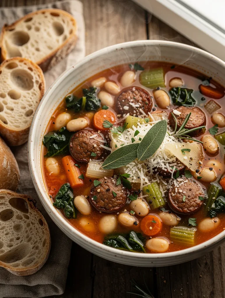 Tuscan White Bean and Sausage Soup with smoked sausage, cannellini beans, carrots, celery, kale, Parmesan cheese, fresh sage, and crusty artisan bread.