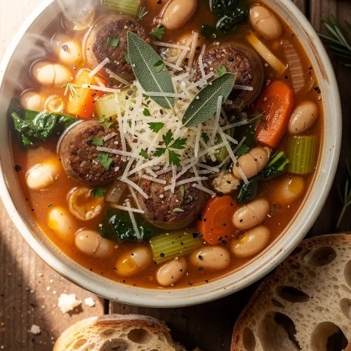 Tuscan White Bean and Sausage Soup topped with Parmesan, smoked sausage, cannellini beans, carrots, celery, kale, fresh herbs, and crusty artisan bread.