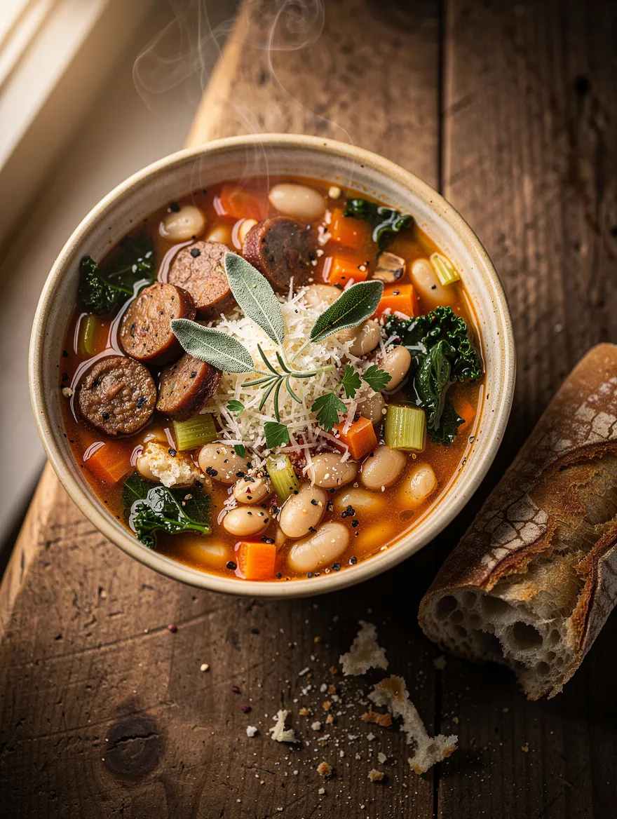 Tuscan White Bean and Sausage Soup with smoked sausage, cannellini beans, kale, carrots, celery, Parmesan cheese, and crusty artisan bread.