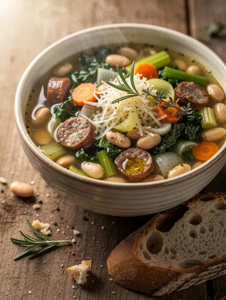 Tuscan white bean sausage soup with Italian sausage, cannellini beans, kale, carrots, celery, Parmesan, and crusty artisan bread.