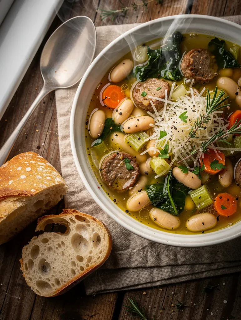 Steaming Tuscan white bean sausage soup with cannellini beans, Italian sausage, kale, carrots, celery, Parmesan, and rustic bread.