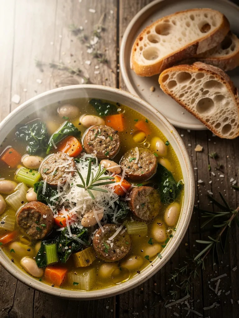Rustic Tuscan white bean sausage soup with Italian sausage, cannellini beans, kale, carrots, celery, and Parmesan, served with crusty sourdough bread.