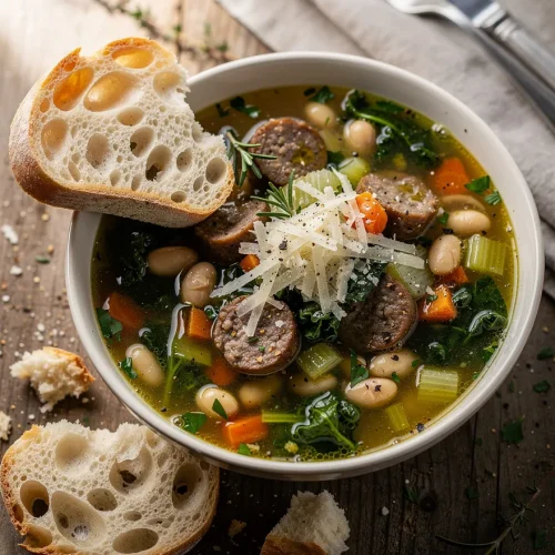 Tuscan white bean sausage soup with Italian sausage, cannellini beans, kale, carrots, celery, Parmesan cheese, and crusty artisan bread.