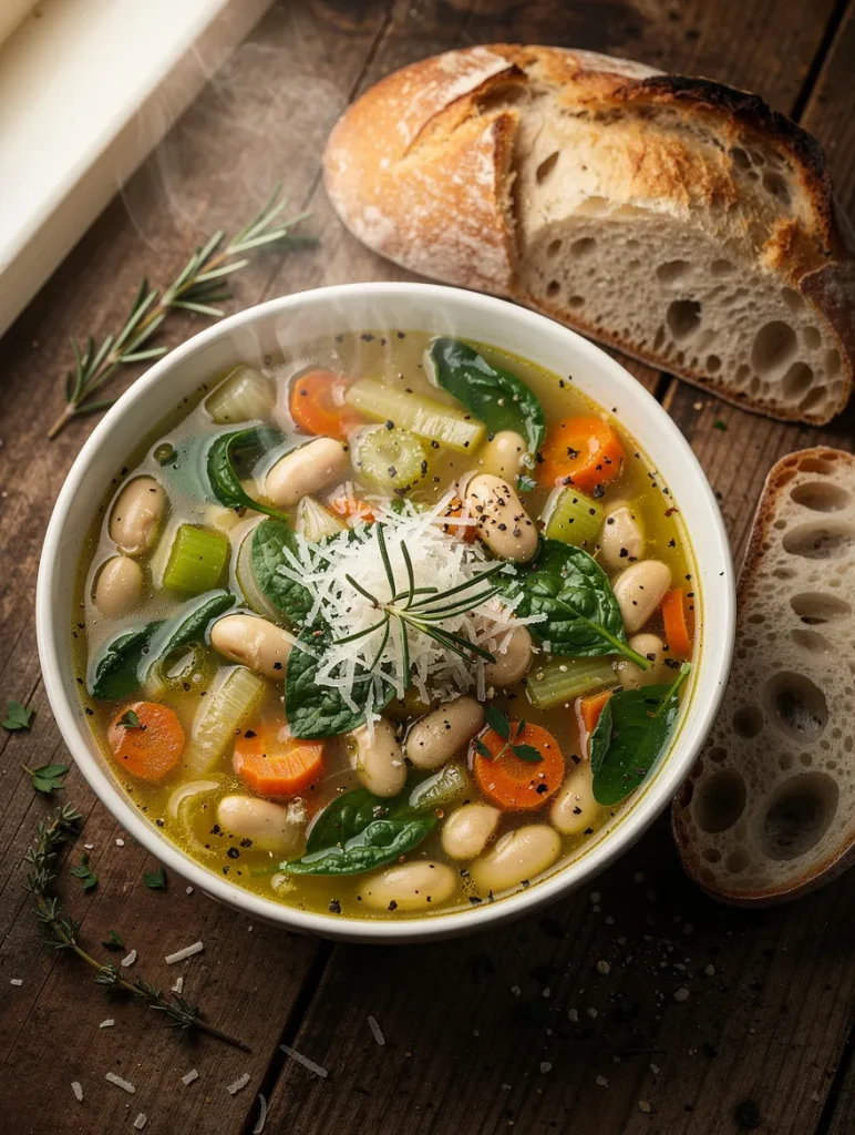 Tuscan white bean soup with spinach, cannellini beans, carrots, celery, Parmesan cheese, and rustic artisan bread on a wooden table.
