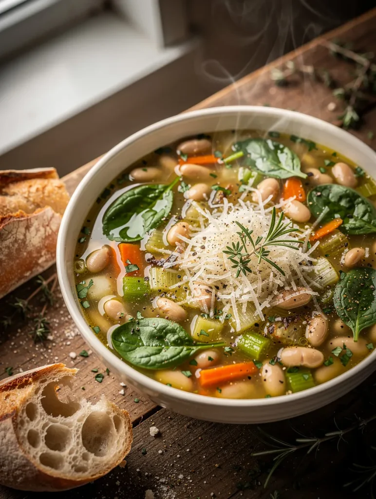 Tuscan white bean soup with spinach, cannellini beans, carrots, celery, Parmesan cheese, fresh herbs, and crusty artisan bread.
