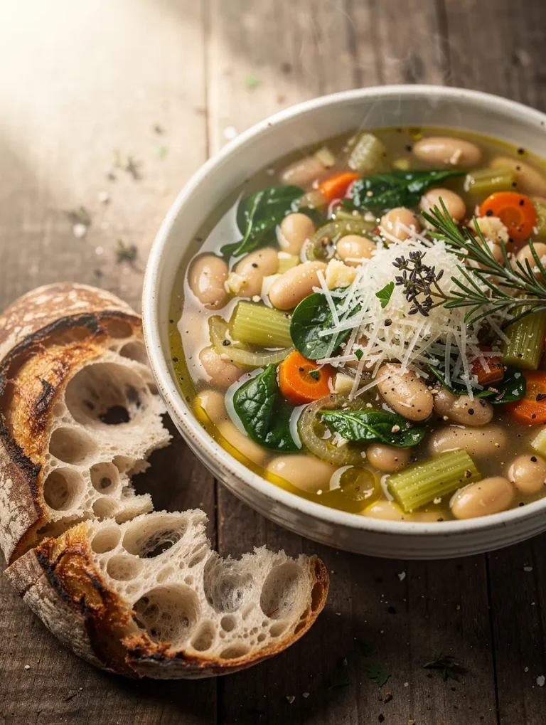 Tuscan white bean soup with spinach, cannellini beans, carrots, celery, Parmesan cheese, herbs, and rustic sourdough bread.