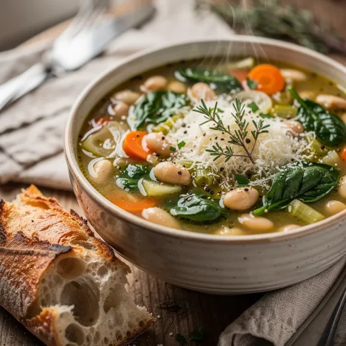 Tuscan white bean soup with spinach, cannellini beans, carrots, celery, Parmesan cheese, and crusty artisan bread on a rustic wooden table.