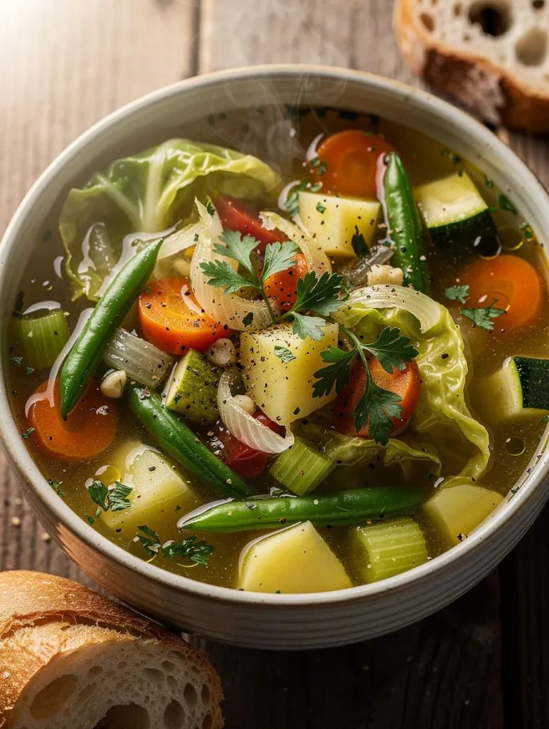Close-up of homemade vegetable cabbage soup with carrots, potatoes, green beans, celery, zucchini, onions, and parsley in a clear broth, served with crusty bread.