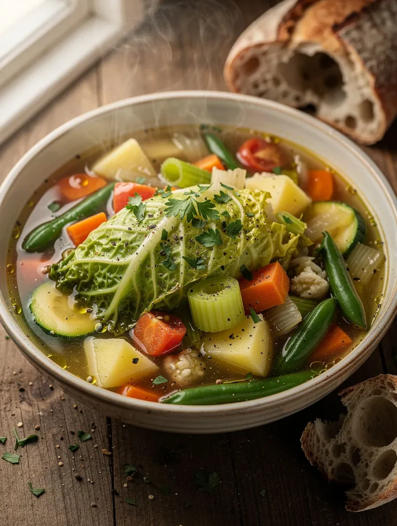 Bowl of homemade vegetable soup with cabbage, potatoes, carrots, green beans, zucchini, celery, cauliflower, and parsley in a clear broth, served with crusty artisan bread.