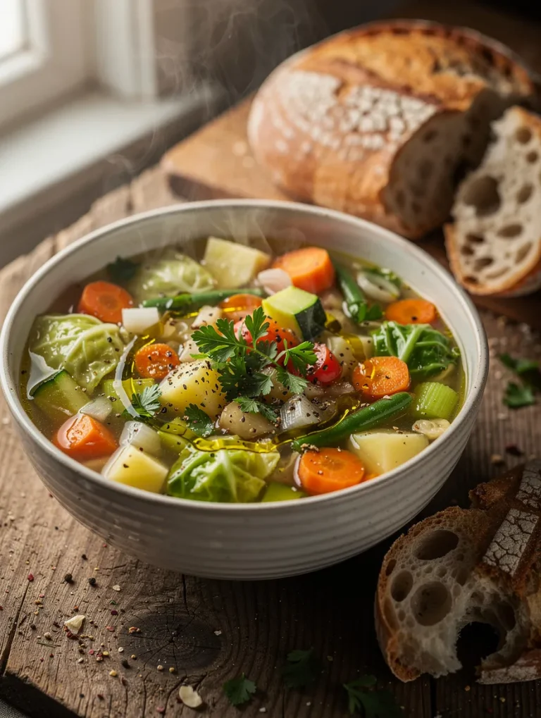 Steaming bowl of homemade vegetable soup with cabbage, potatoes, carrots, green beans, zucchini, celery, and fresh parsley, served with rustic crusty bread.