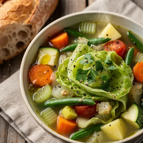 Steaming bowl of vegetable cabbage soup with carrots, celery, potatoes, green beans, zucchini, tomatoes, and fresh parsley in a clear broth, served with rustic artisan bread.