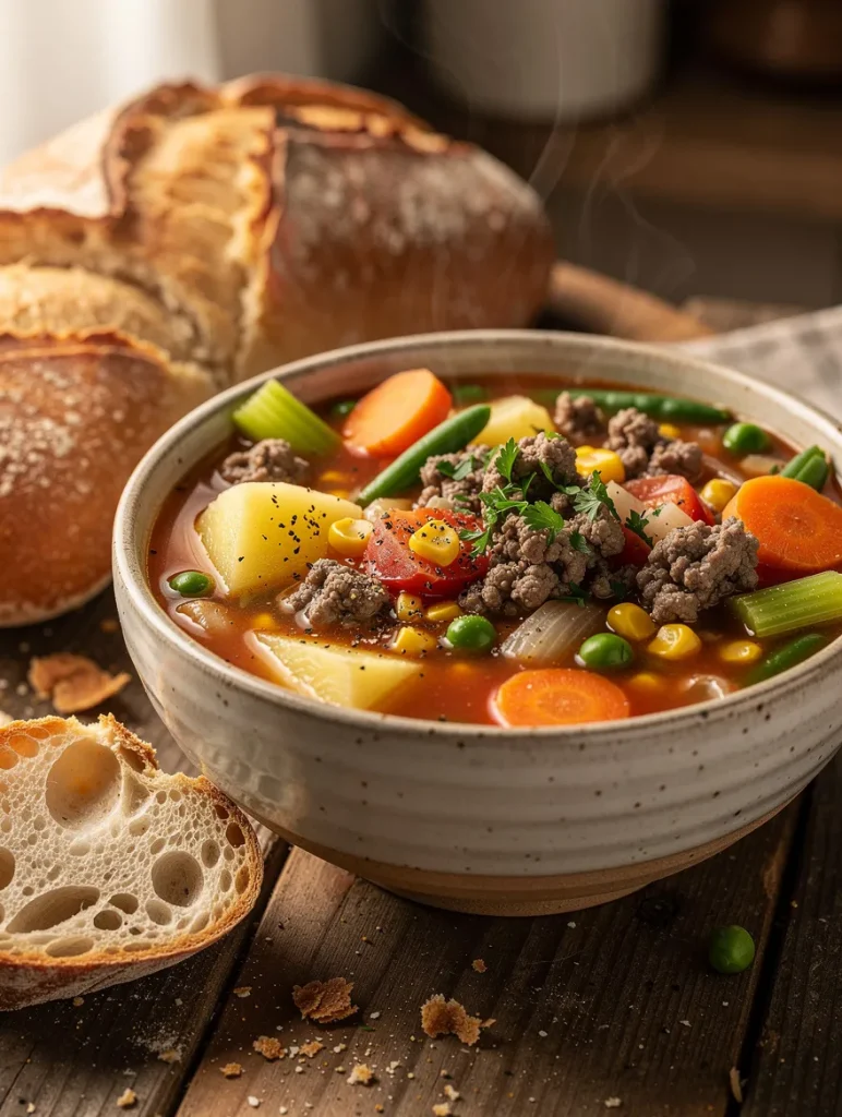 Vegetable soup with ground beef in a rustic ceramic bowl filled with potatoes, carrots, celery, green beans, peas, corn, tomatoes, and seasoned beef, served with slices of crusty sourdough bread.