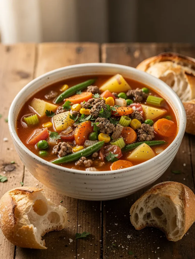 Vegetable soup with ground beef served in a white bowl with potatoes, carrots, celery, green beans, peas, corn, tomatoes, and fresh parsley, accompanied by crusty artisan bread.