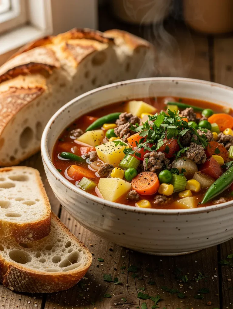 Vegetable soup with ground beef served in a rustic bowl with potatoes, carrots, celery, green beans, peas, corn, tomatoes, and fresh parsley alongside slices of crusty artisan bread.
