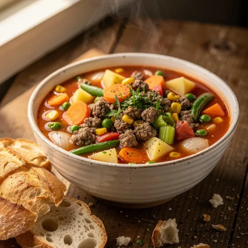 Vegetable soup with ground beef in a rustic white bowl filled with potatoes, carrots, celery, green beans, peas, corn, tomatoes, and fresh parsley, served with slices of crusty French bread.