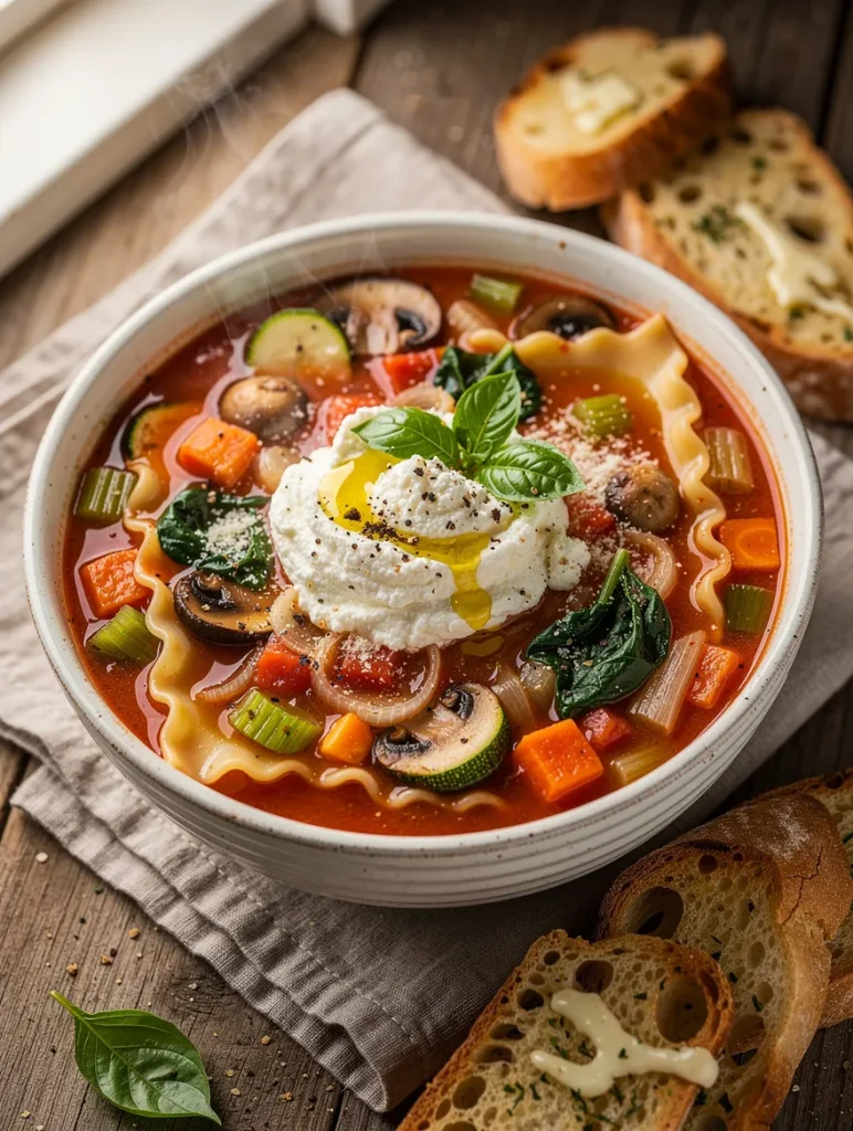 Vegetarian lasagna soup topped with ricotta, basil, olive oil, Parmesan, and lasagna noodles, served with garlic bread.