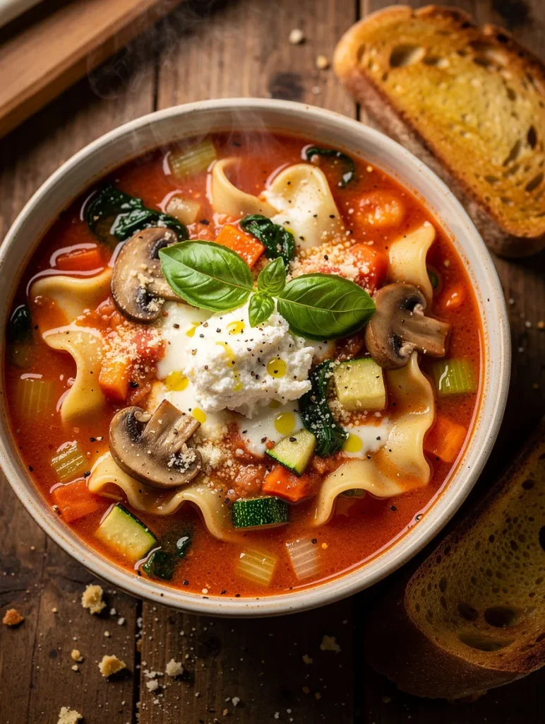 Vegetarian lasagna soup with ricotta, basil, mushrooms, zucchini, lasagna noodles, and garlic bread on a rustic wooden table.
