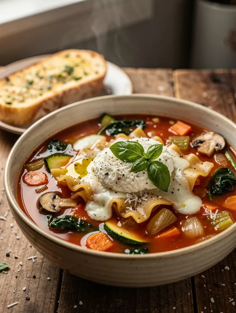 Vegetarian lasagna soup with ricotta, melted mozzarella, basil, vegetables, and garlic bread in a rustic bowl.