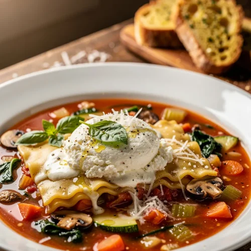Vegetarian lasagna soup with ricotta cheese, lasagna noodles, vegetables, Parmesan, and garlic bread on a white serving bowl.