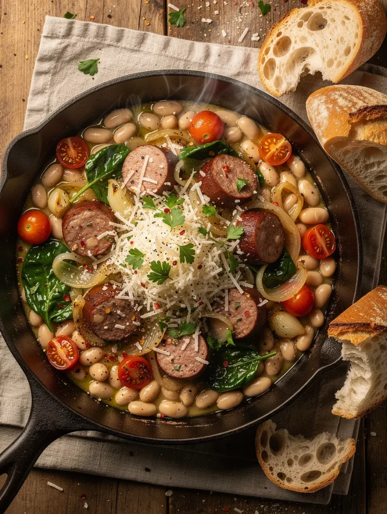 White bean and smoked sausage skillet with cannellini beans, spinach, cherry tomatoes, onions, Parmesan cheese, and crusty bread.