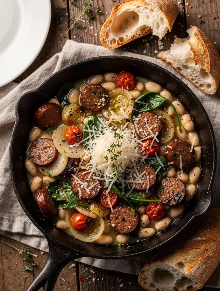 White bean and smoked sausage skillet with cannellini beans, caramelized onions, cherry tomatoes, spinach, Parmesan cheese, and crusty artisan bread.