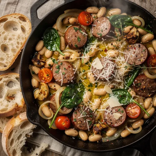 White Bean and Smoked Sausage Skillet with smoked sausage, cannellini beans, spinach, caramelized onions, cherry tomatoes, Parmesan, and crusty artisan bread.