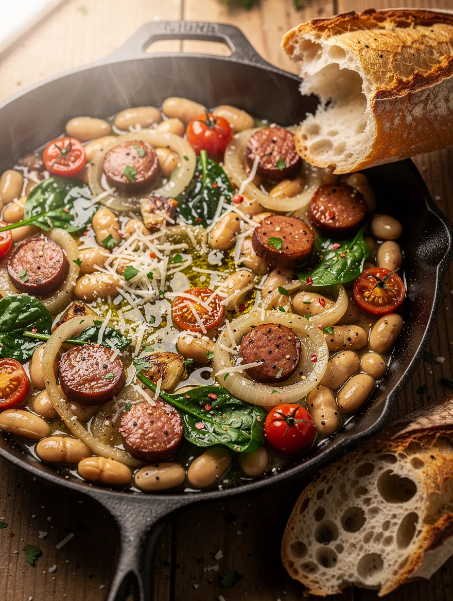 White bean and smoked sausage skillet with cannellini beans, spinach, onions, cherry tomatoes, Parmesan, and crusty bread.