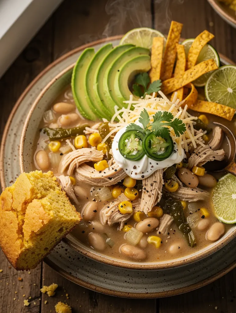 Bowl of white bean chicken chili topped with avocado, shredded cheese, sour cream, jalapeños, tortilla strips, and lime wedges, served with cornbread.