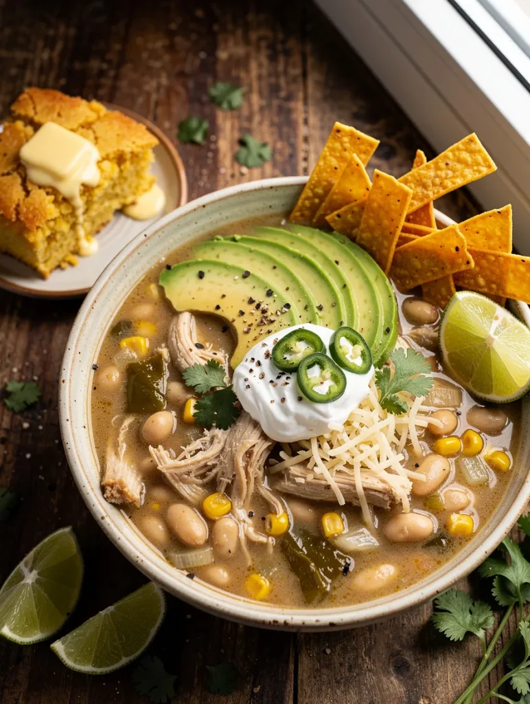 Bowl of white bean chicken chili topped with avocado, sour cream, shredded cheese, jalapeños, tortilla strips, and lime, served with cornbread on a rustic wooden table.