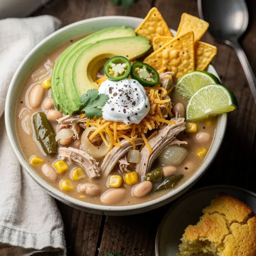 Bowl of white bean chicken chili topped with avocado, cheddar cheese, sour cream, jalapeños, tortilla chips, and lime wedges, served with cornbread.