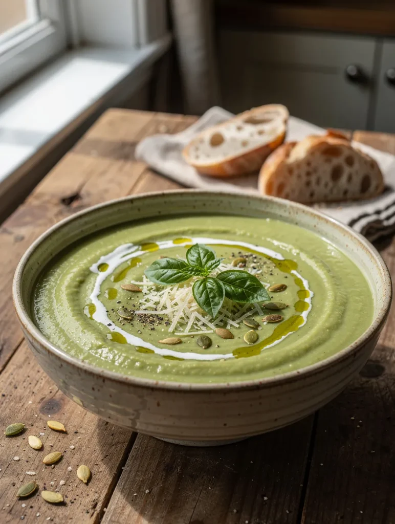 Creamy zucchini soup topped with fresh basil, grated Parmesan, pumpkin seeds, a swirl of cream, and olive oil, served with rustic artisan bread on a wooden table.