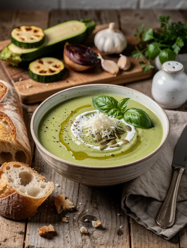 Creamy zucchini soup garnished with fresh basil, grated Parmesan, pumpkin seeds, olive oil, and a swirl of cream, served with crusty artisan bread and fresh zucchini on a rustic wooden table.